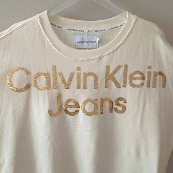 NWT Calvin Klein Jeans cream beige sweatshirt with gold sequin logo branding, M - Picture 4 of 7